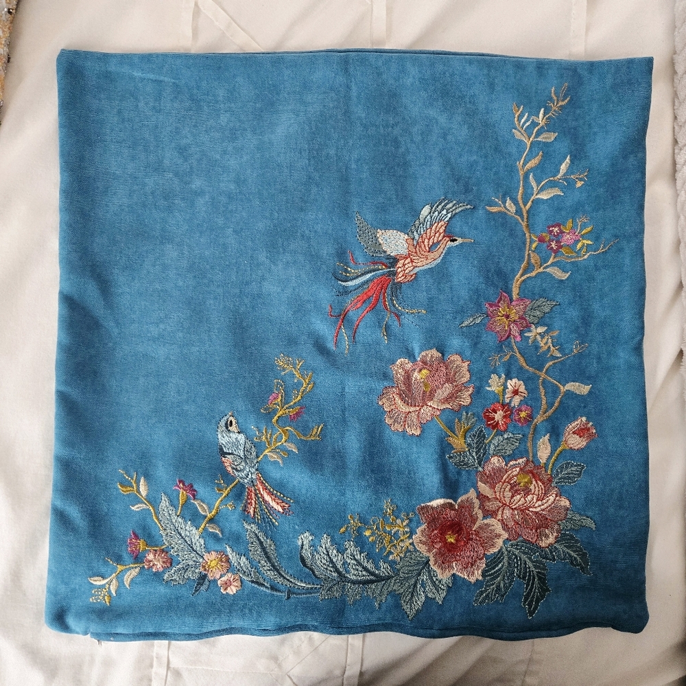 Handmade Blue Intricate Floral Bird Square Pillowcase - Picture 5 of 7